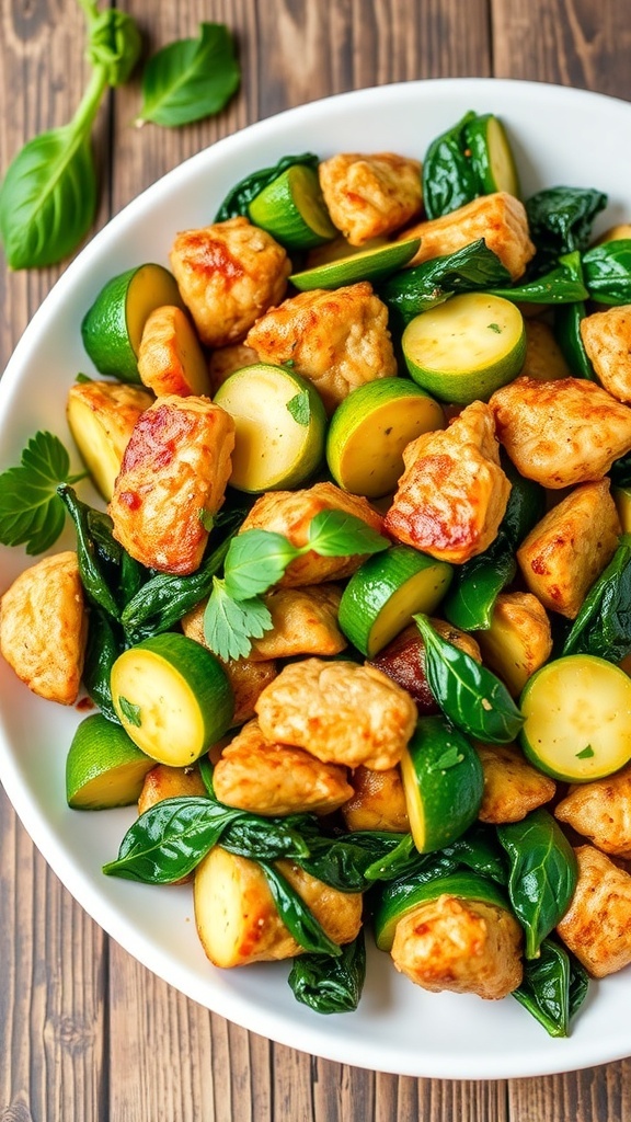 A colorful low carb chicken stir-fry with zucchini and spinach on a white plate.